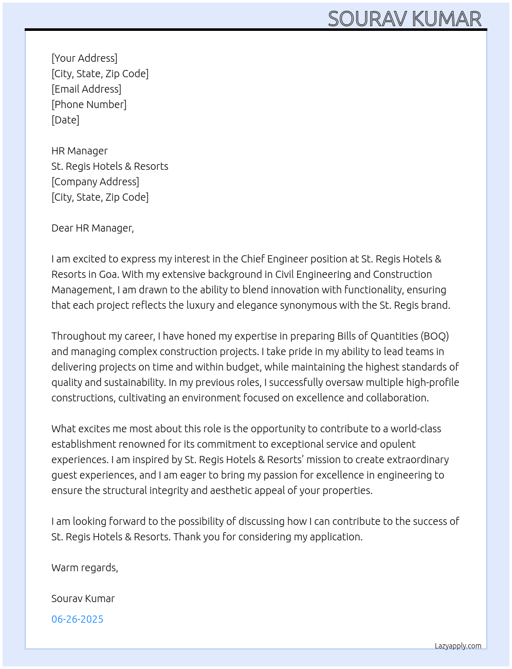 Chief Engineer At St. Regis Hotels & Resorts Cover Letter