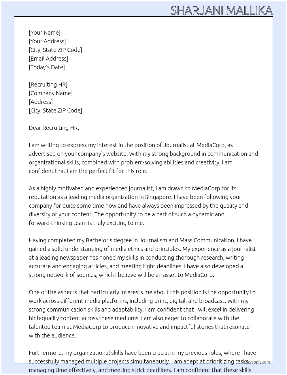 Journalist At MediaCorp Cover Letter