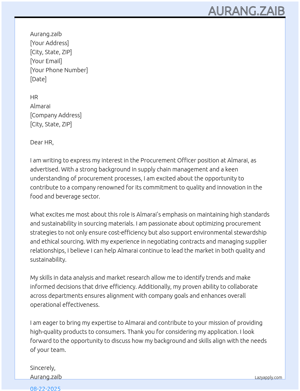 Procurement officer At Almarai Cover Letter