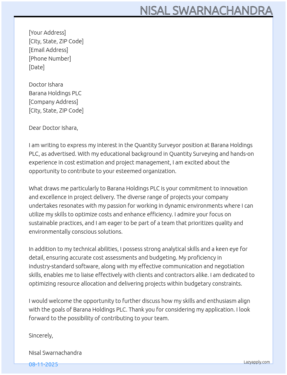Cover letter for quantity surveyor - LazyApply