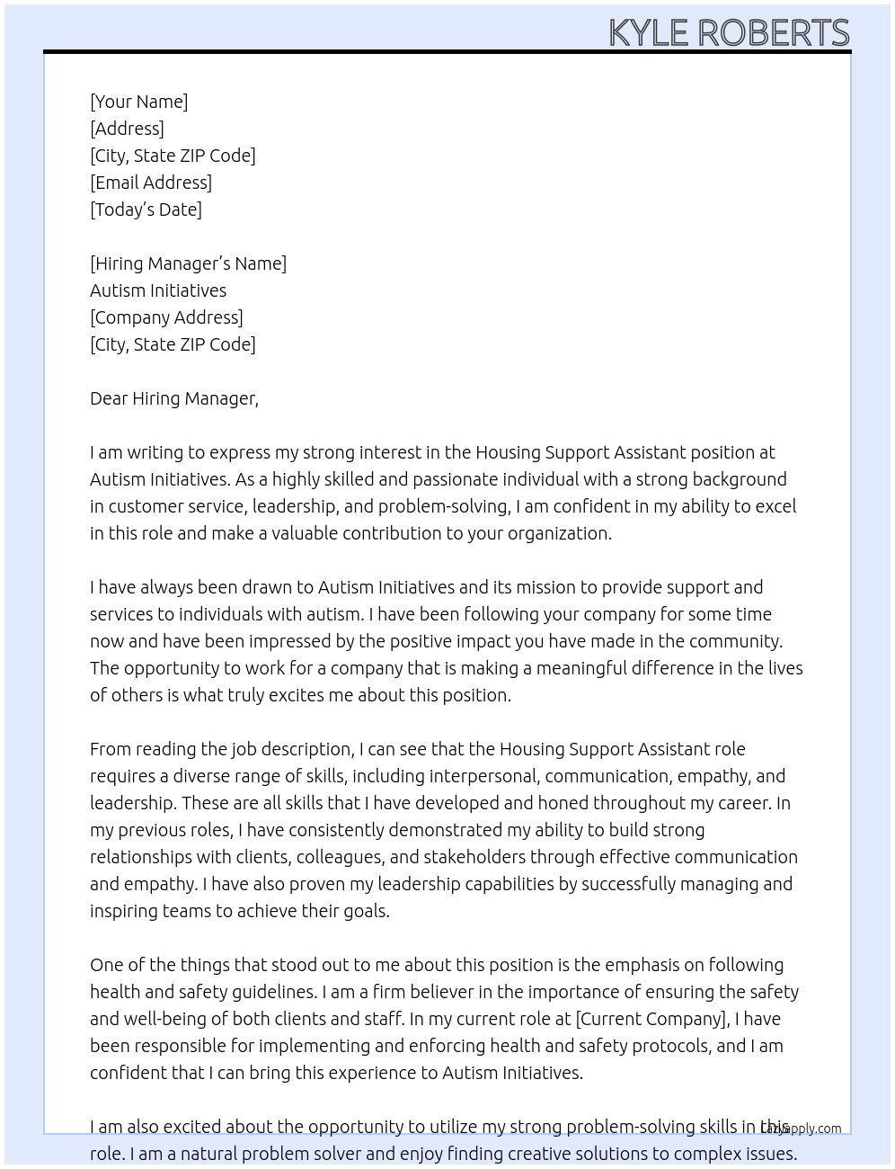 Housing Support assistant At Autism Initiatives Cover Letter