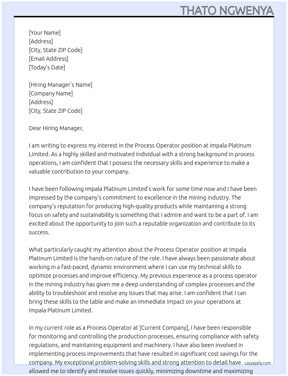 Process operator At Impala Platinum Limited Cover Letter