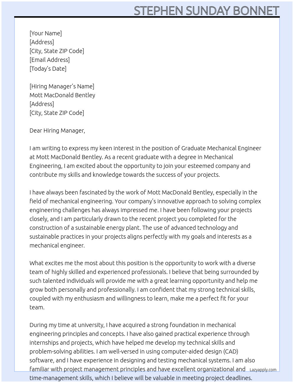 Graduate Mechanical Engineer At Mott MacDonald Bentley Cover Letter