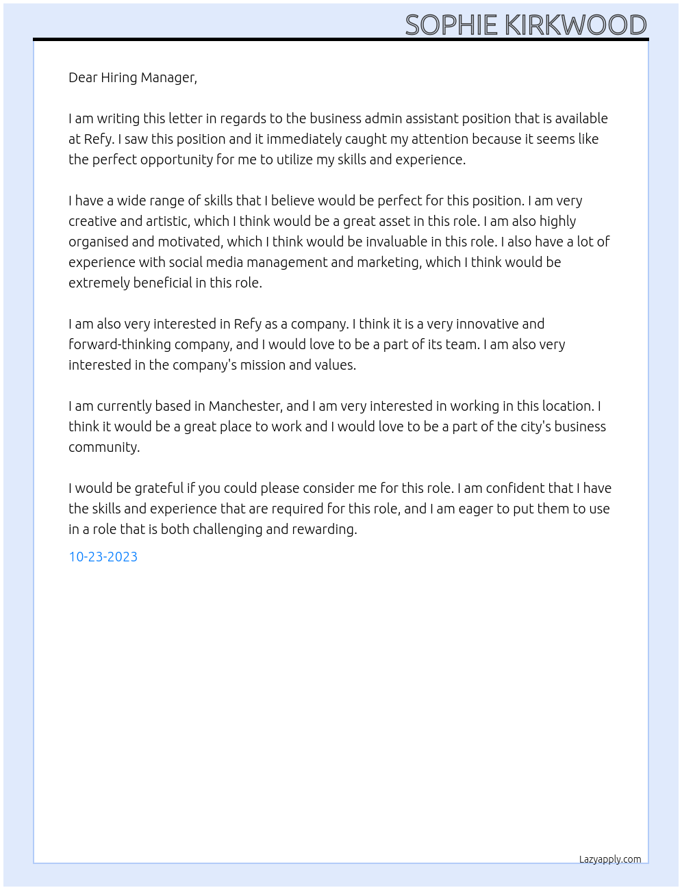 business admin assistant At Refy  Cover Letter