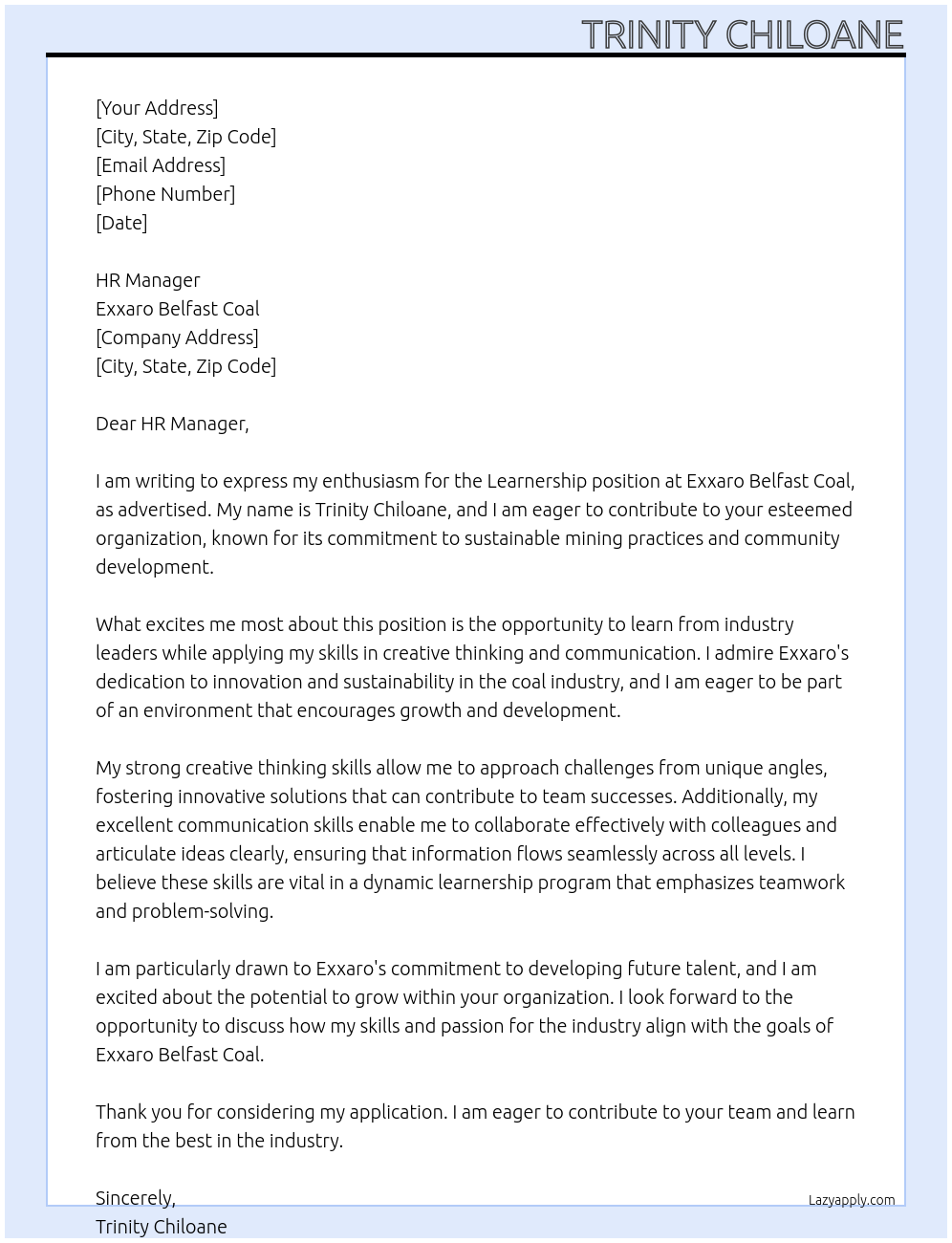 Cover letter for learnership - LazyApply