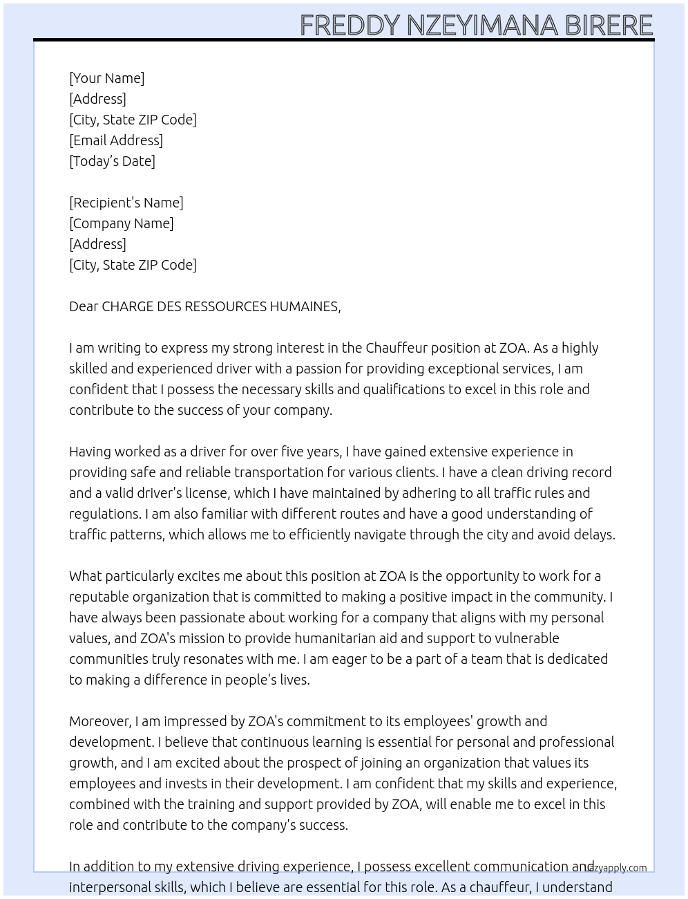 Chauffeur At ZOA Cover Letter