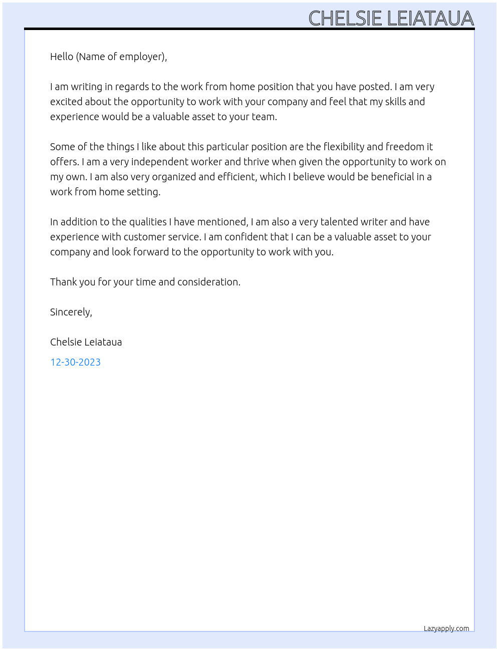 Work from home At work from home Cover Letter