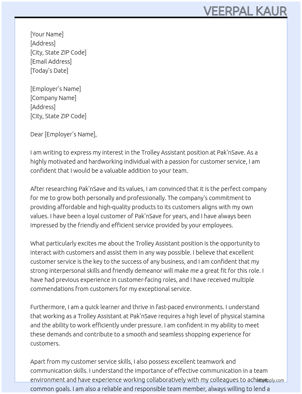 Cover letter for trolley assistant - LazyApply