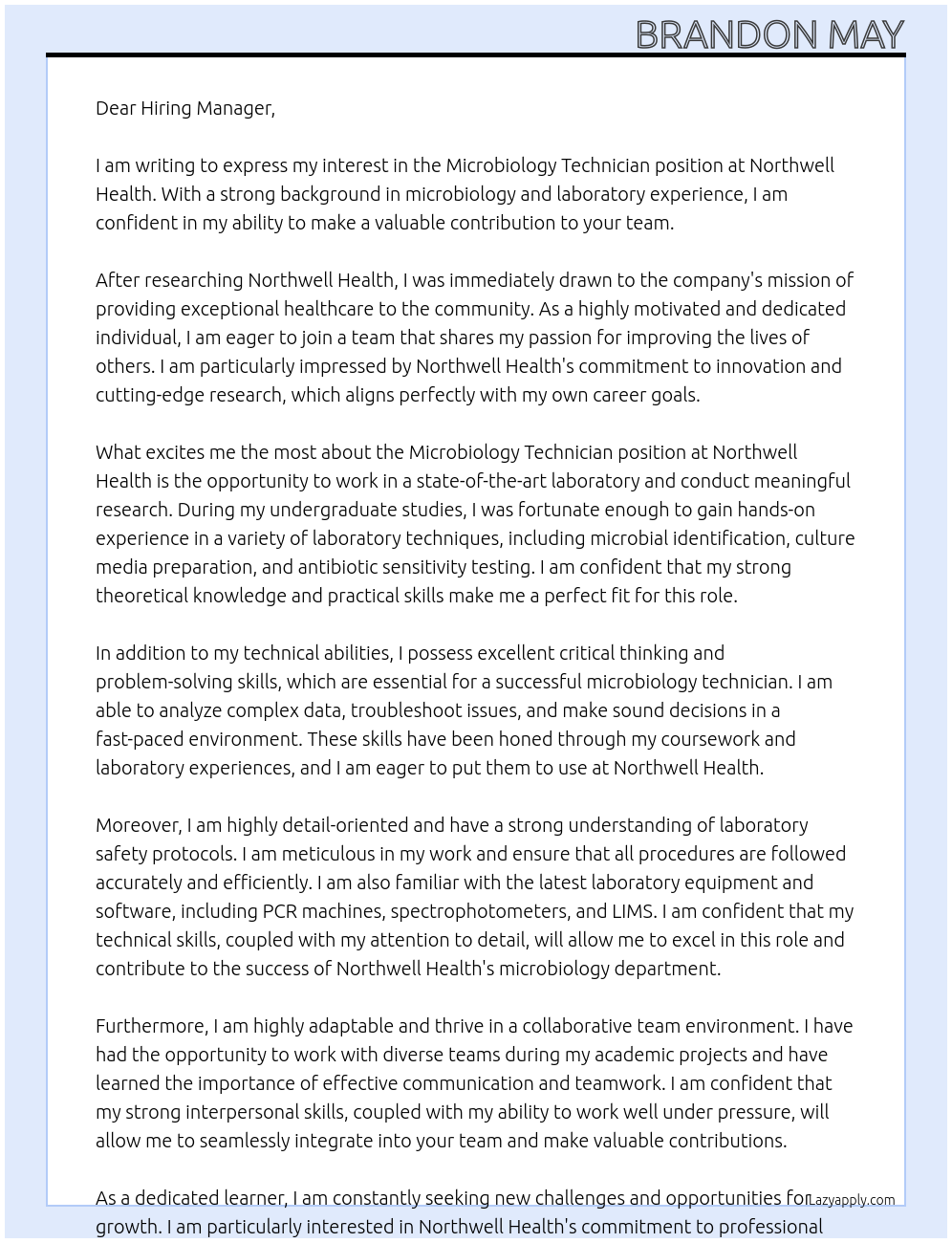 Microbiology Technician At Northwell Health Cover Letter