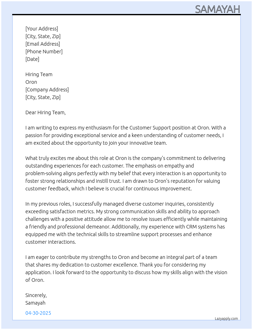 Customer support  At Oron Cover Letter