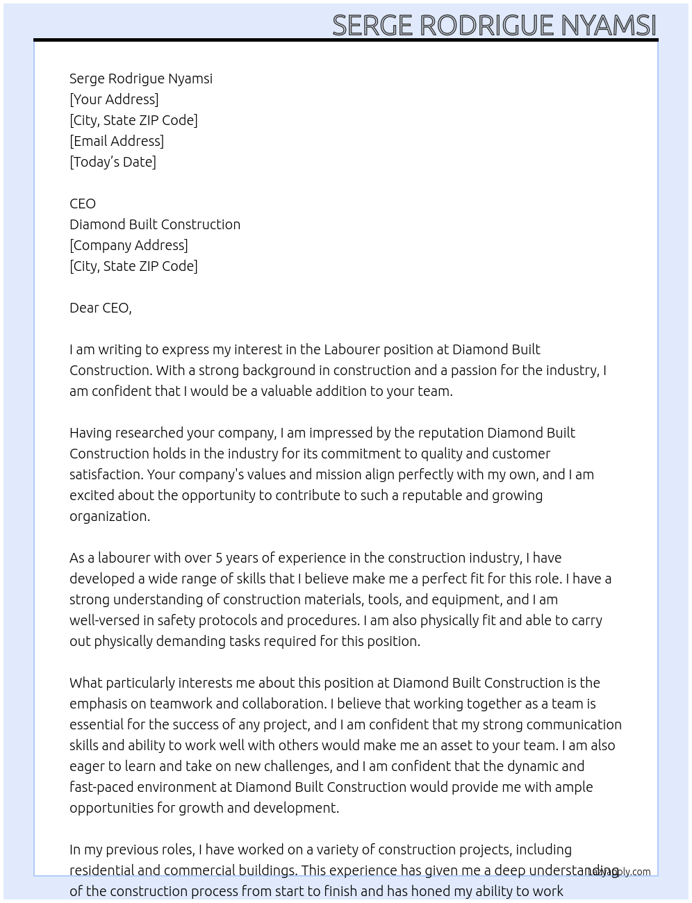 labourer At Diamond Built construction Cover Letter