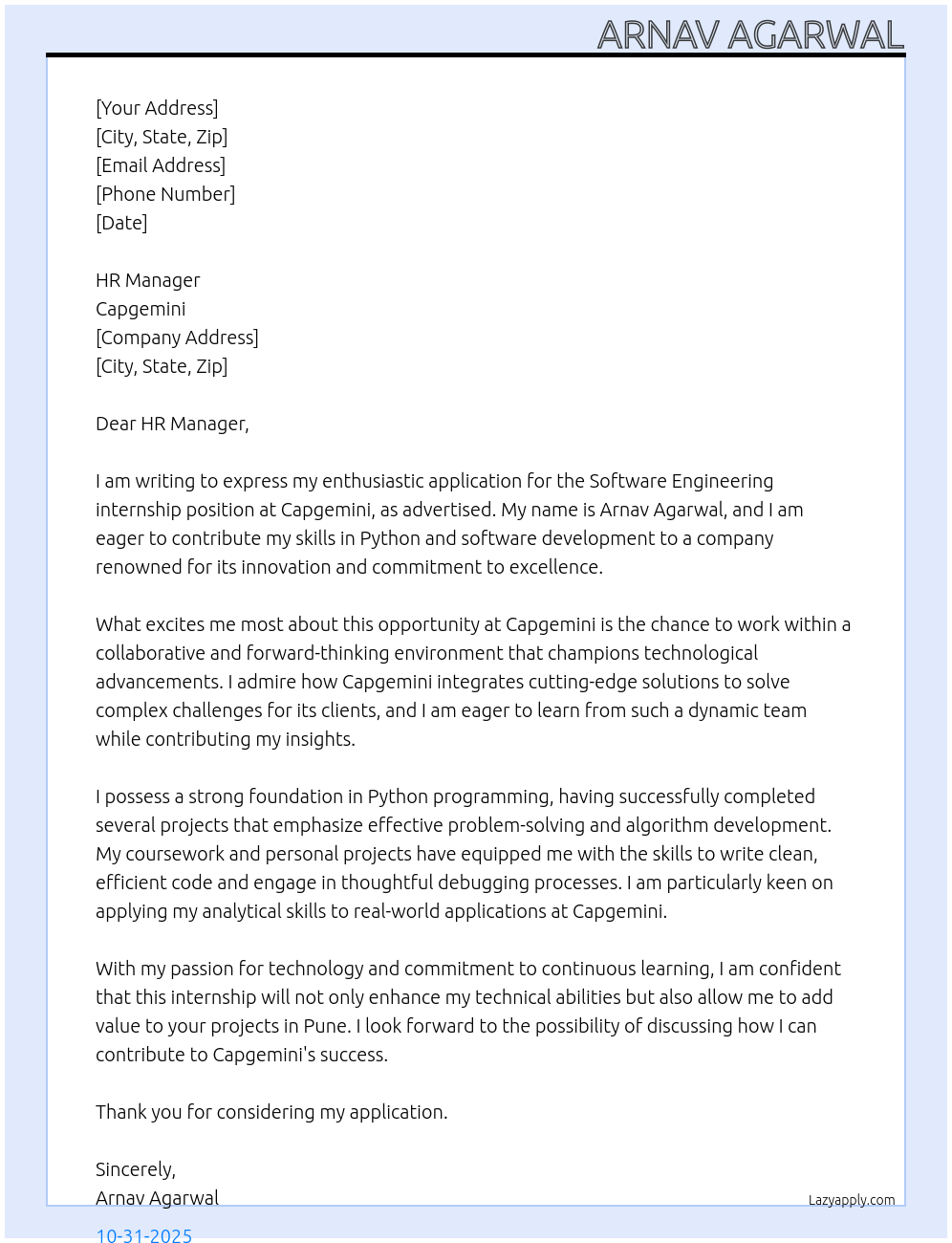 Software Engineering At Capgemini Cover Letter