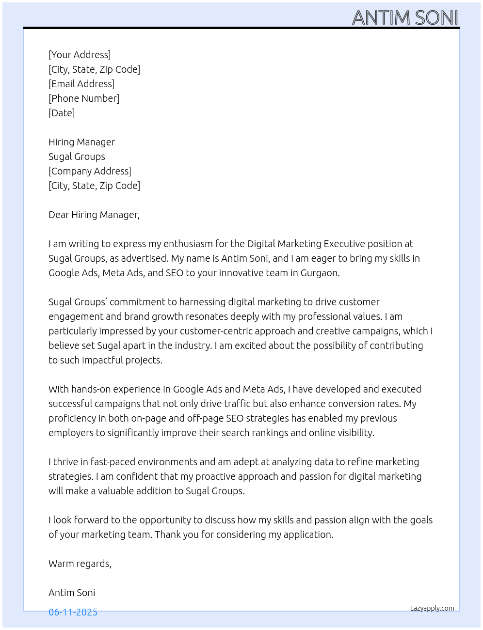 Digital Marketing Executive At Sugal Groups Cover Letter