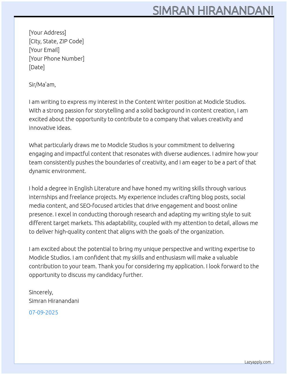 Content Writer At Modicle Studios Cover Letter