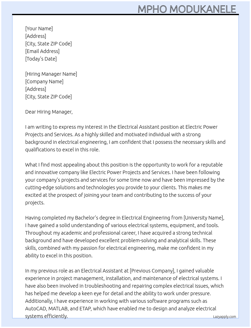 Electrical assistant  At Electric power projects and services Cover Letter