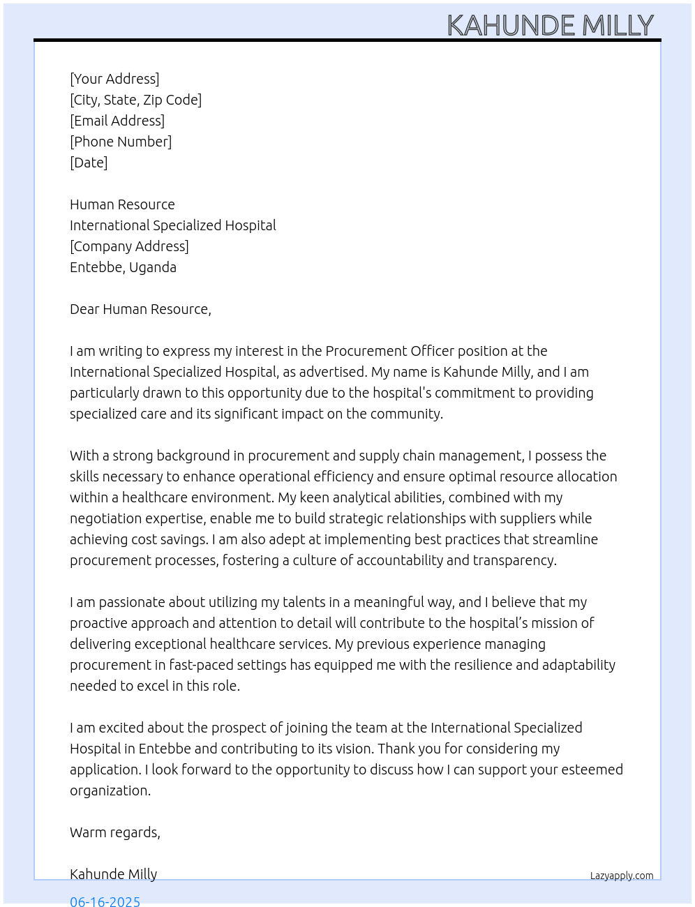 Procurement officer At International specialized hospital Cover Letter