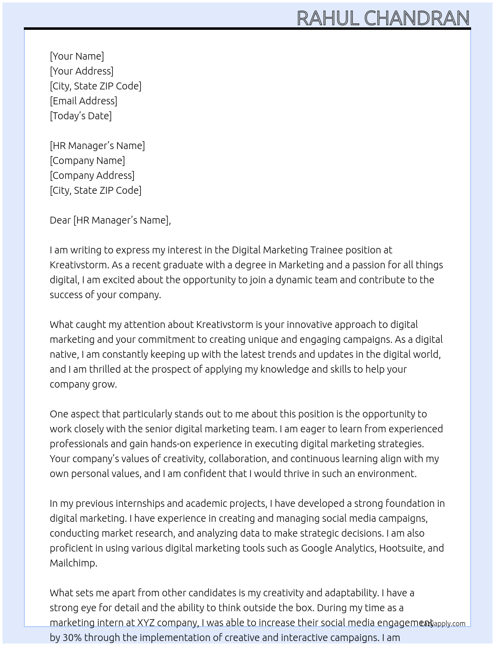 Digital Marketing Trainee At Kreativstorm Cover Letter