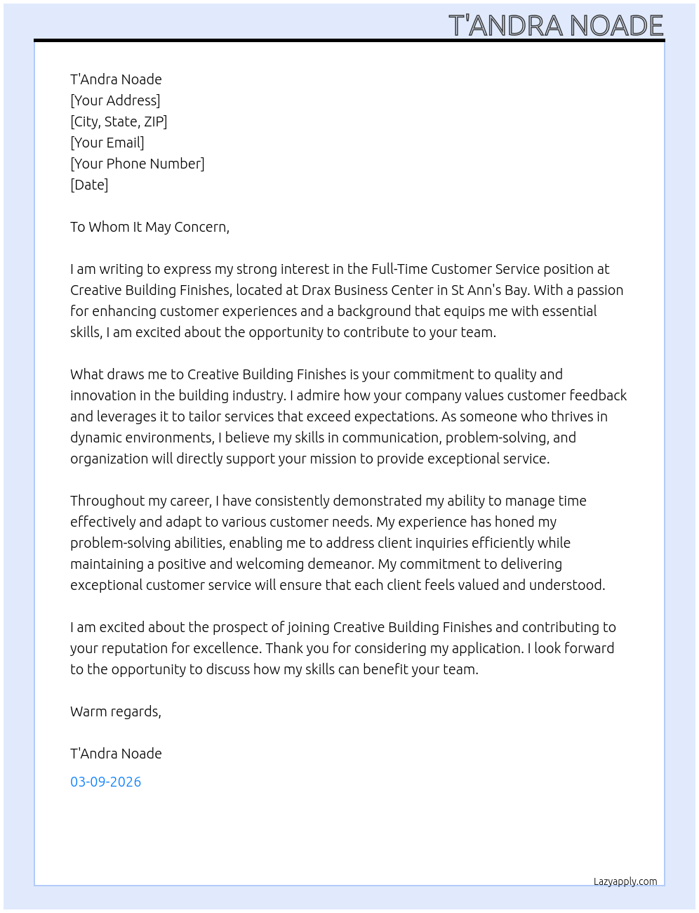 Customer Service At Creative Building Finishes Cover Letter