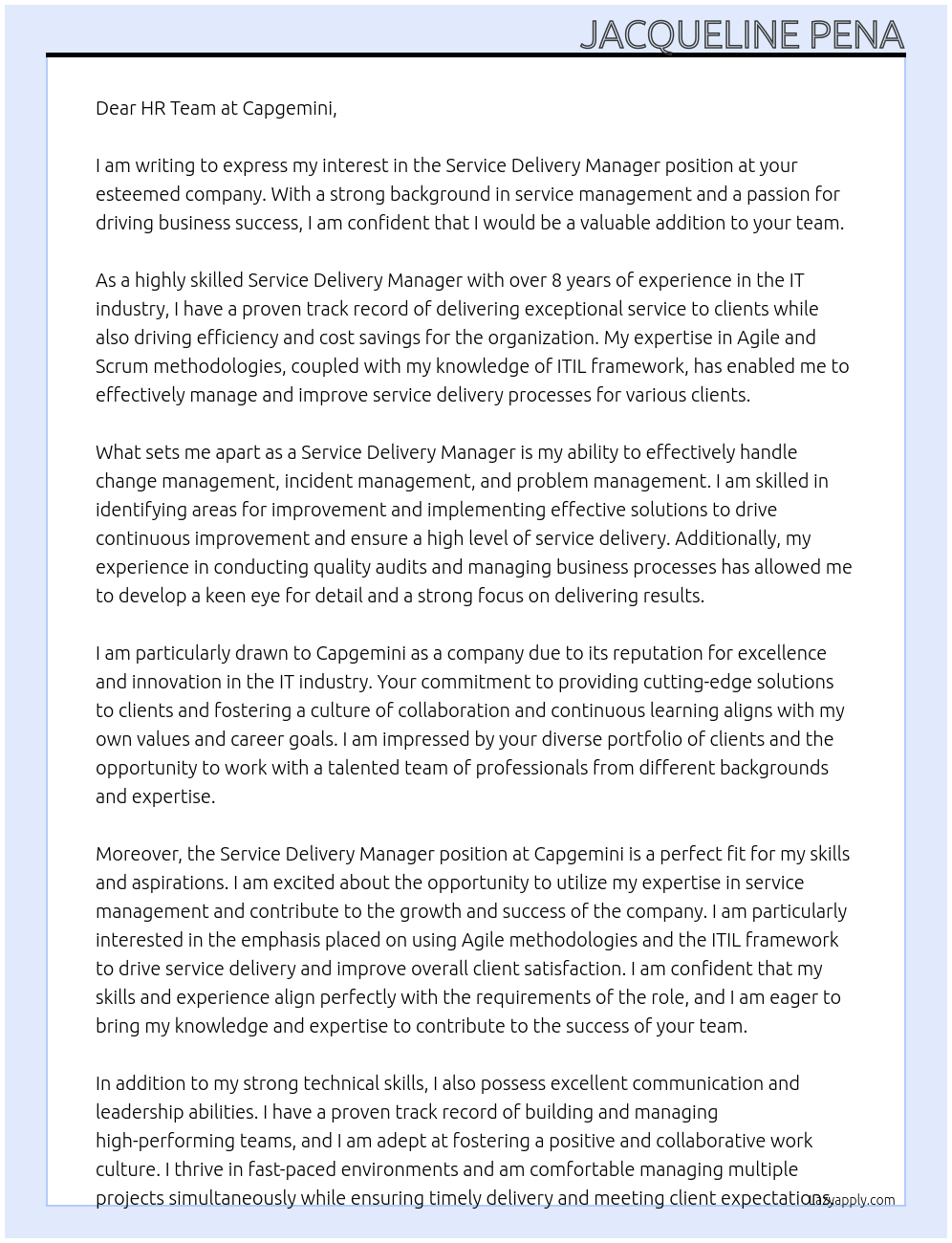 Service Delivery Manager At Capgemini Cover Letter