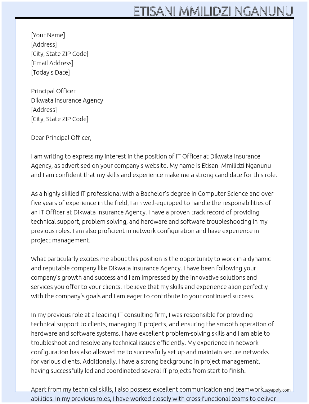 IT Officer At Dikwata Cover Letter