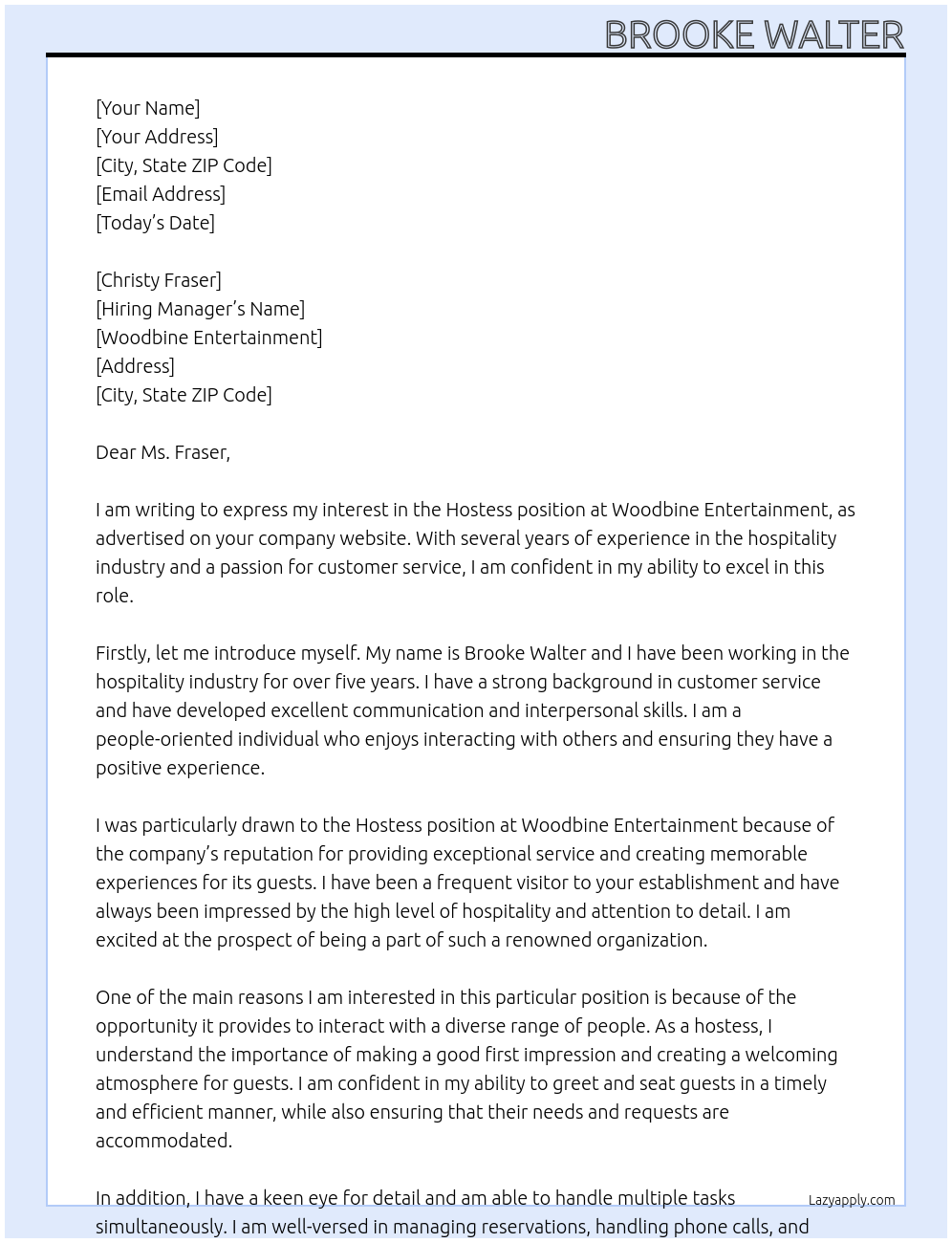 hostess At Woodbine Entertainment Cover Letter