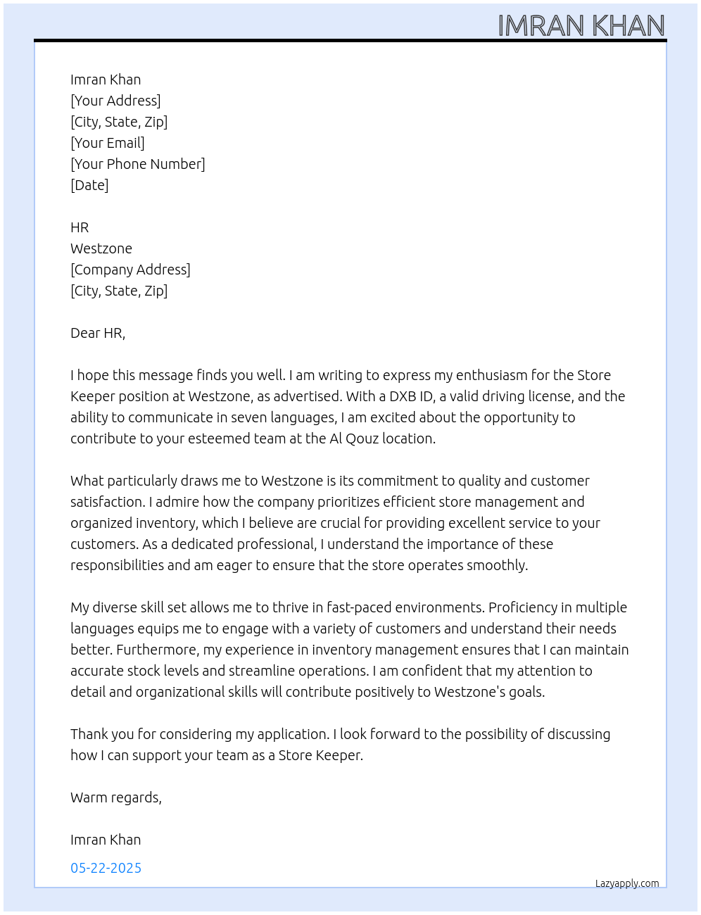 Store keeper At Westzone Cover Letter