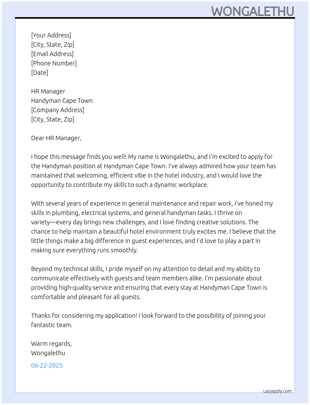 Handyman hotel At Handyman capetown Cover Letter