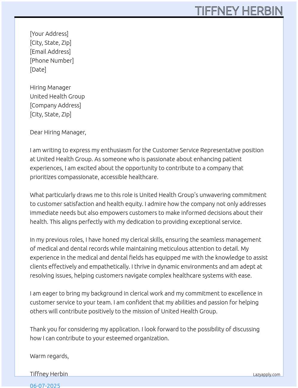 Customer Service Representative At United Health Group Cover Letter