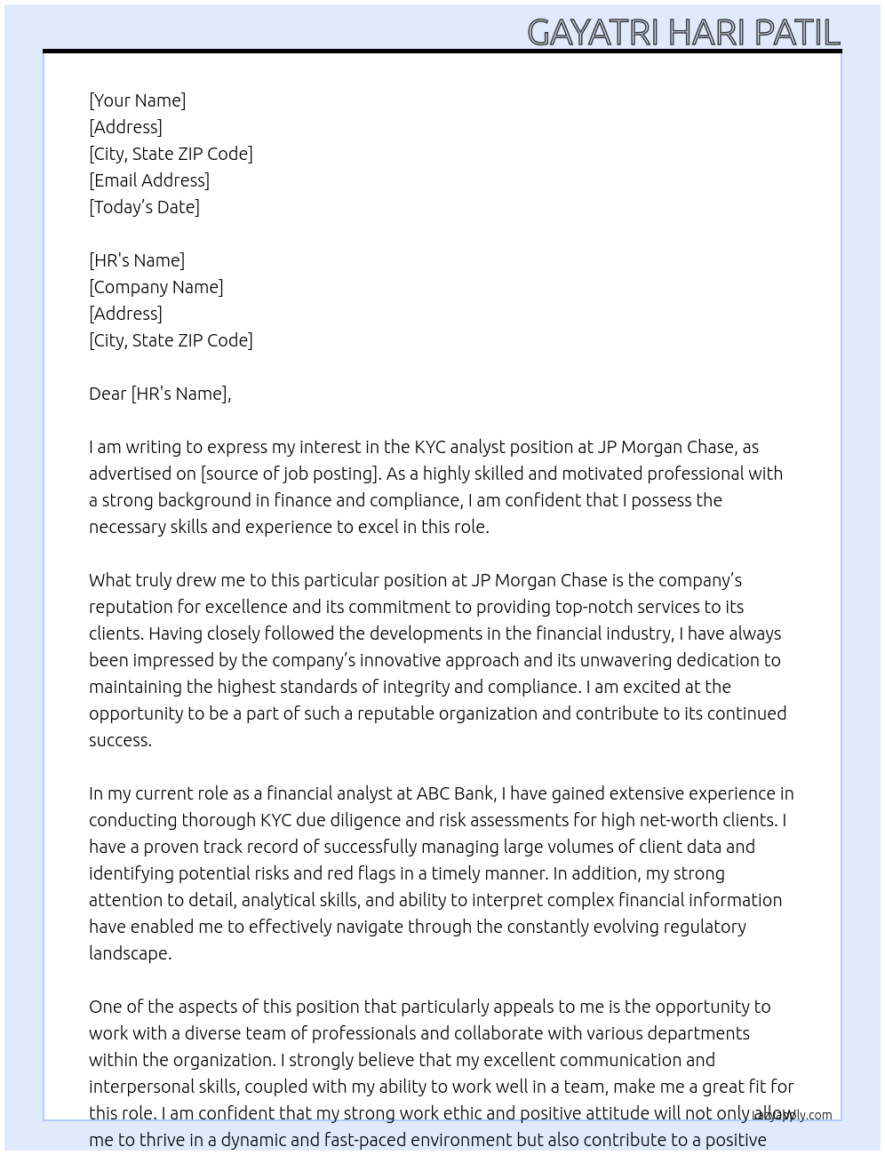 KYC analyst At JP Morgan Chase  Cover Letter