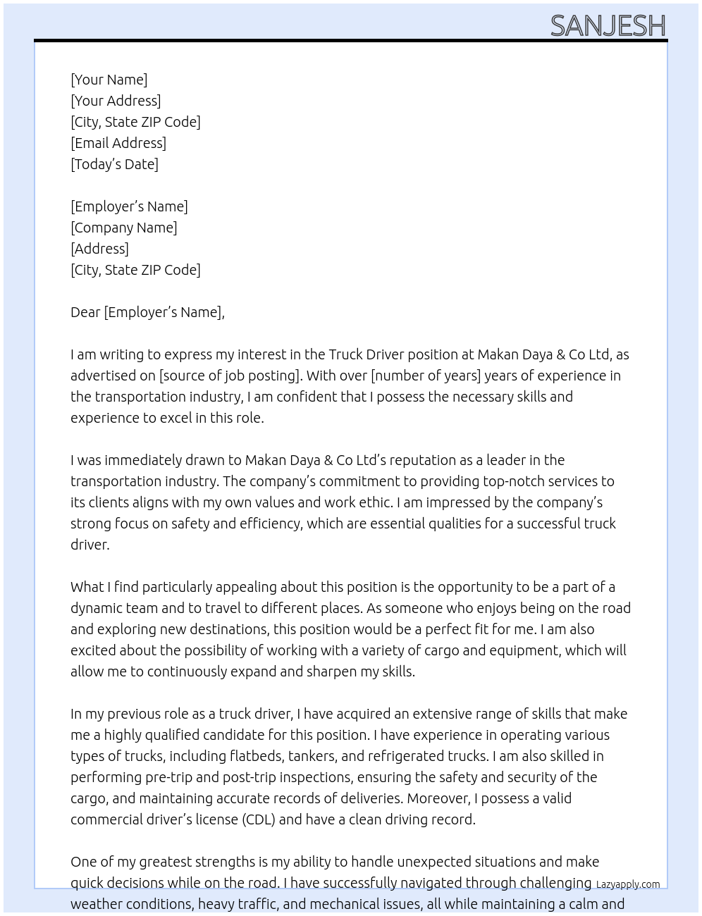 truck driver At Makan Daya & Co Ltd Cover Letter