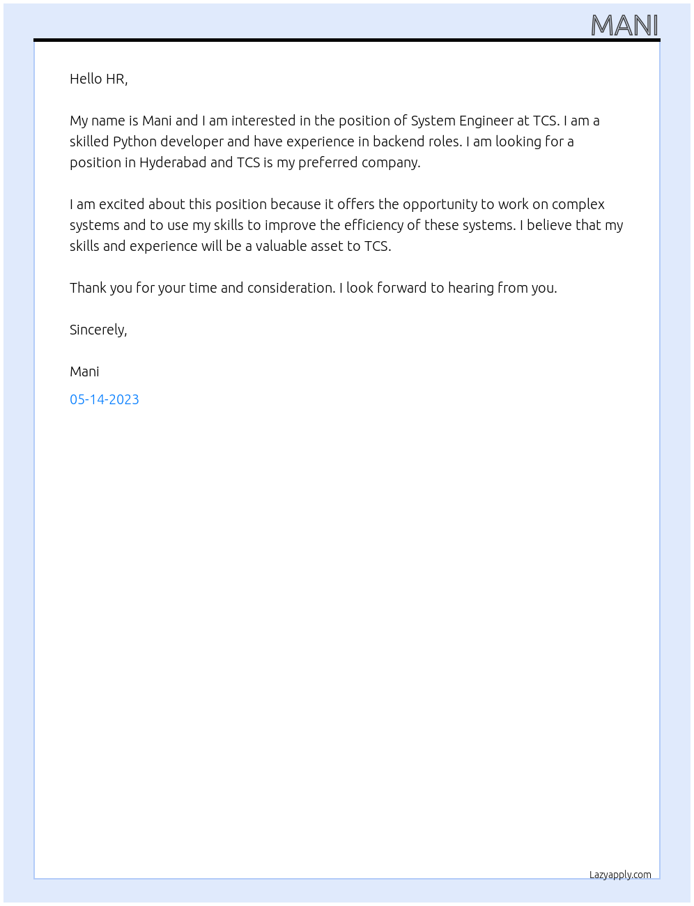 system engineer At tcs Cover Letter