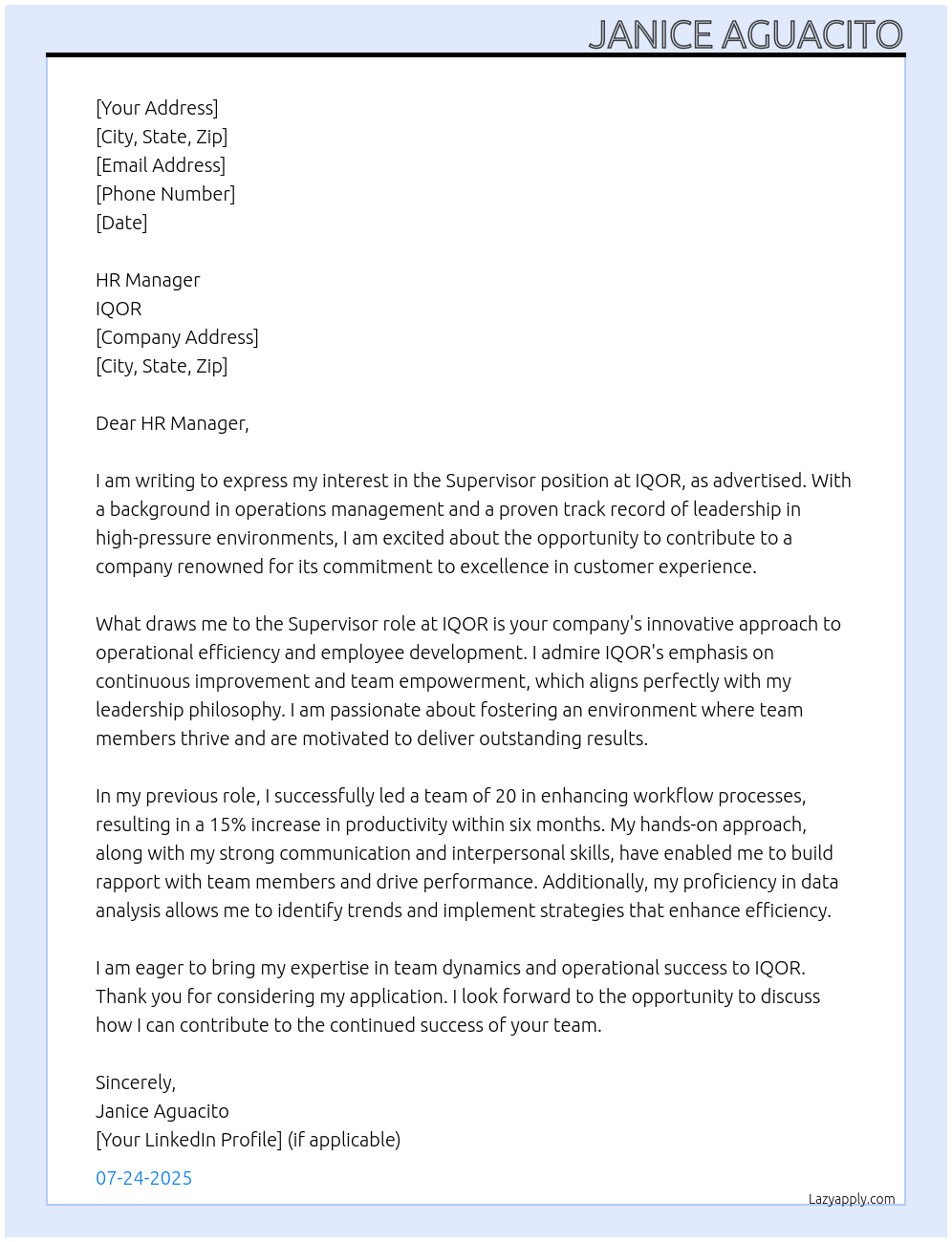 sUPERVISOR At IQOR Cover Letter