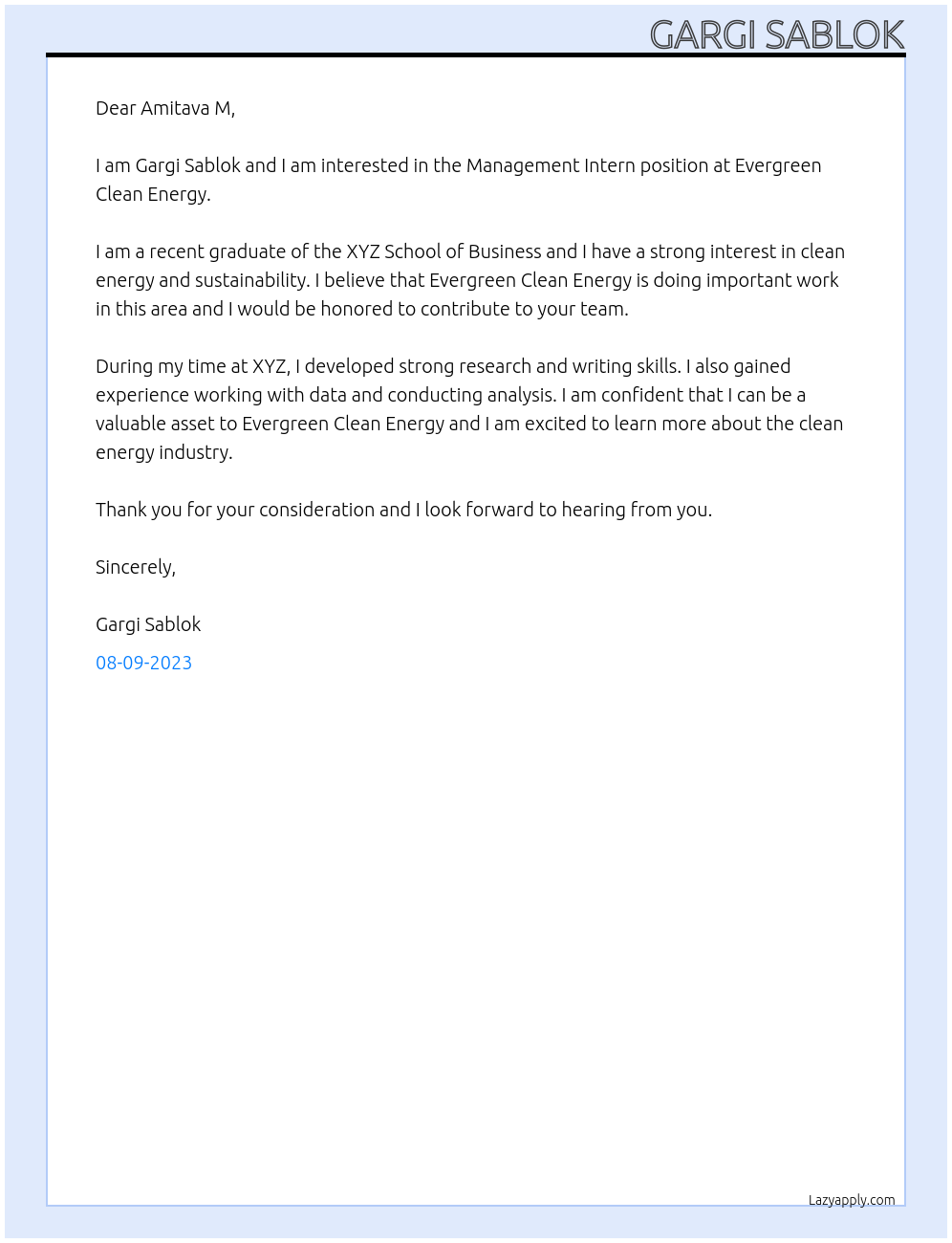 Management Intern At Evergreen Clean Energy Cover Letter