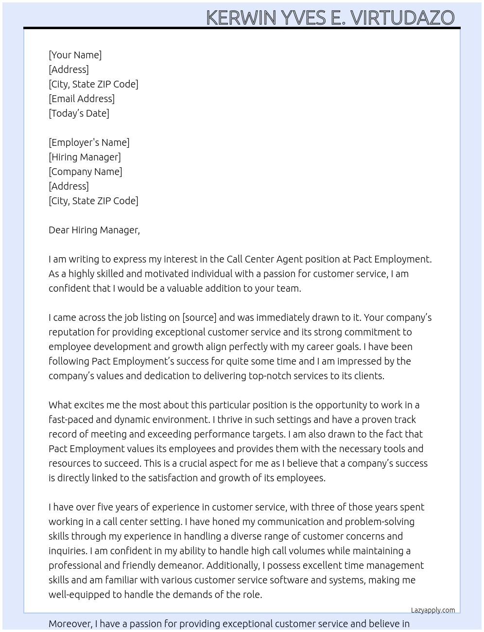 Call Center Agent At Pact Employment Cover Letter