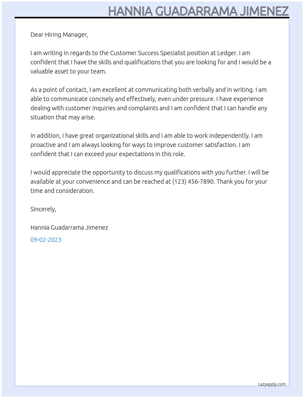 Customer Success Specialist At Ledger Cover Letter