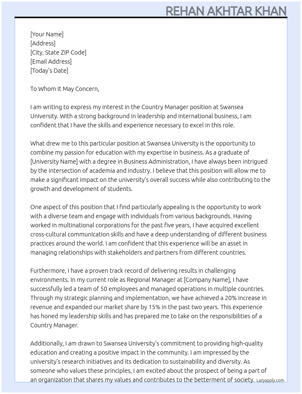 Country Manager  At Swansea University Cover Letter