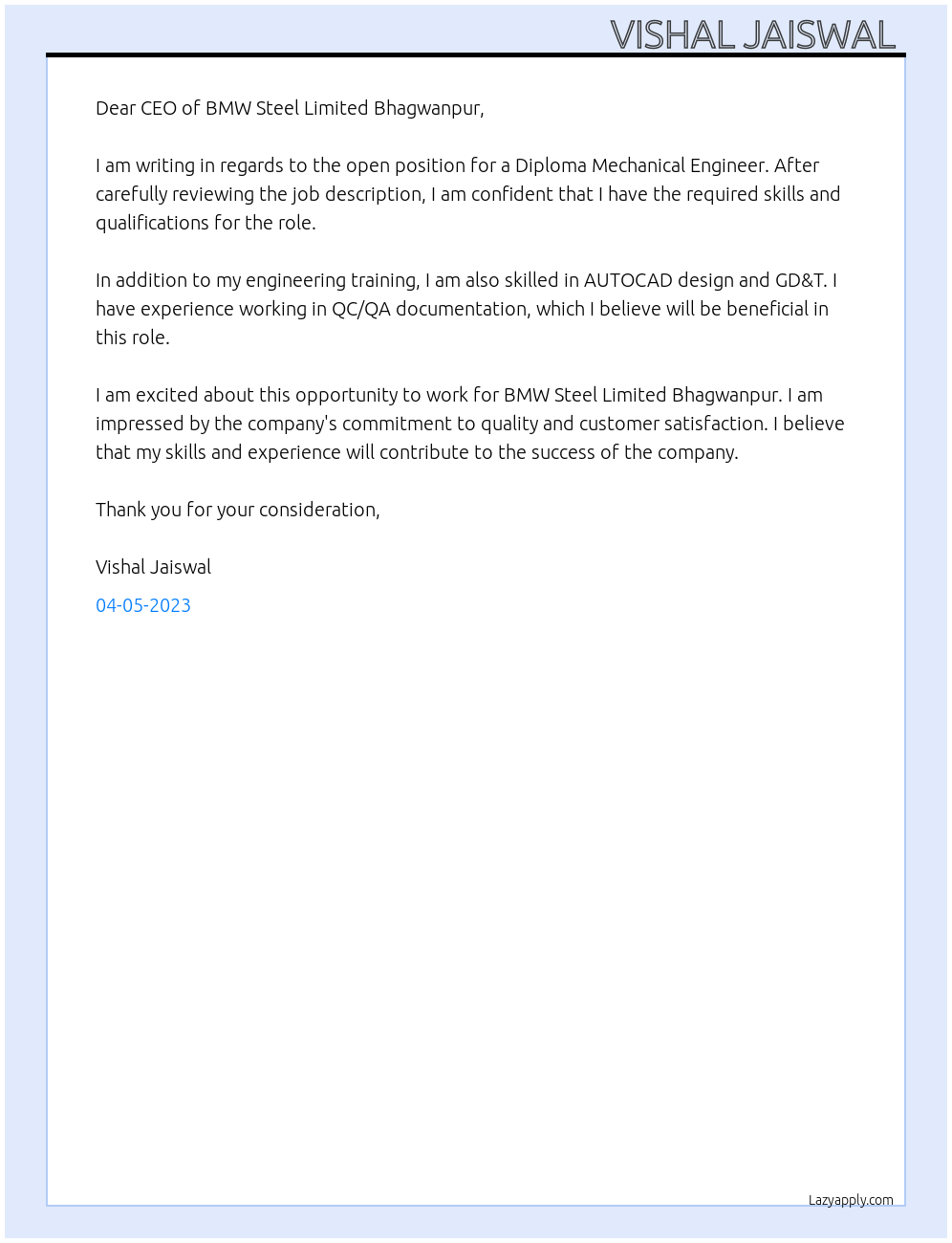 Diploma Mechanical Engineering  At BMW Steel Limited Bhagwanpur  Cover Letter