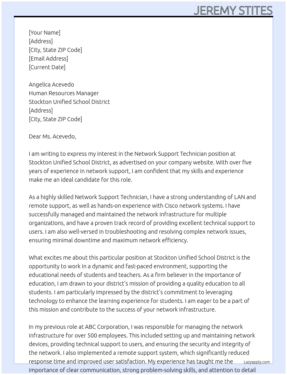  Network Support Technician At   Stockton Unified School District Cover Letter