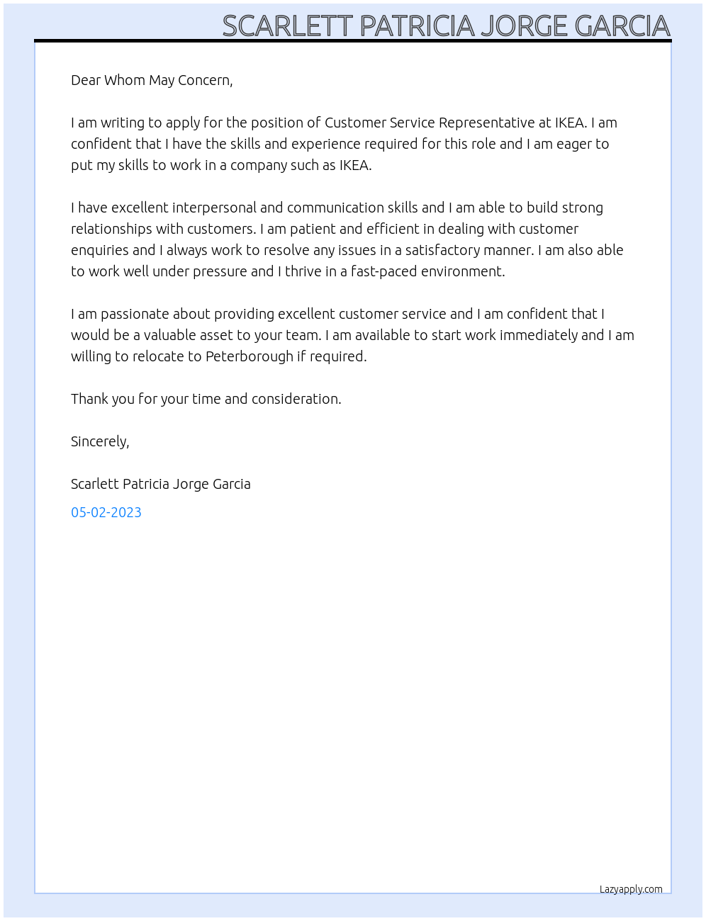 costumer service At IKEA Cover Letter