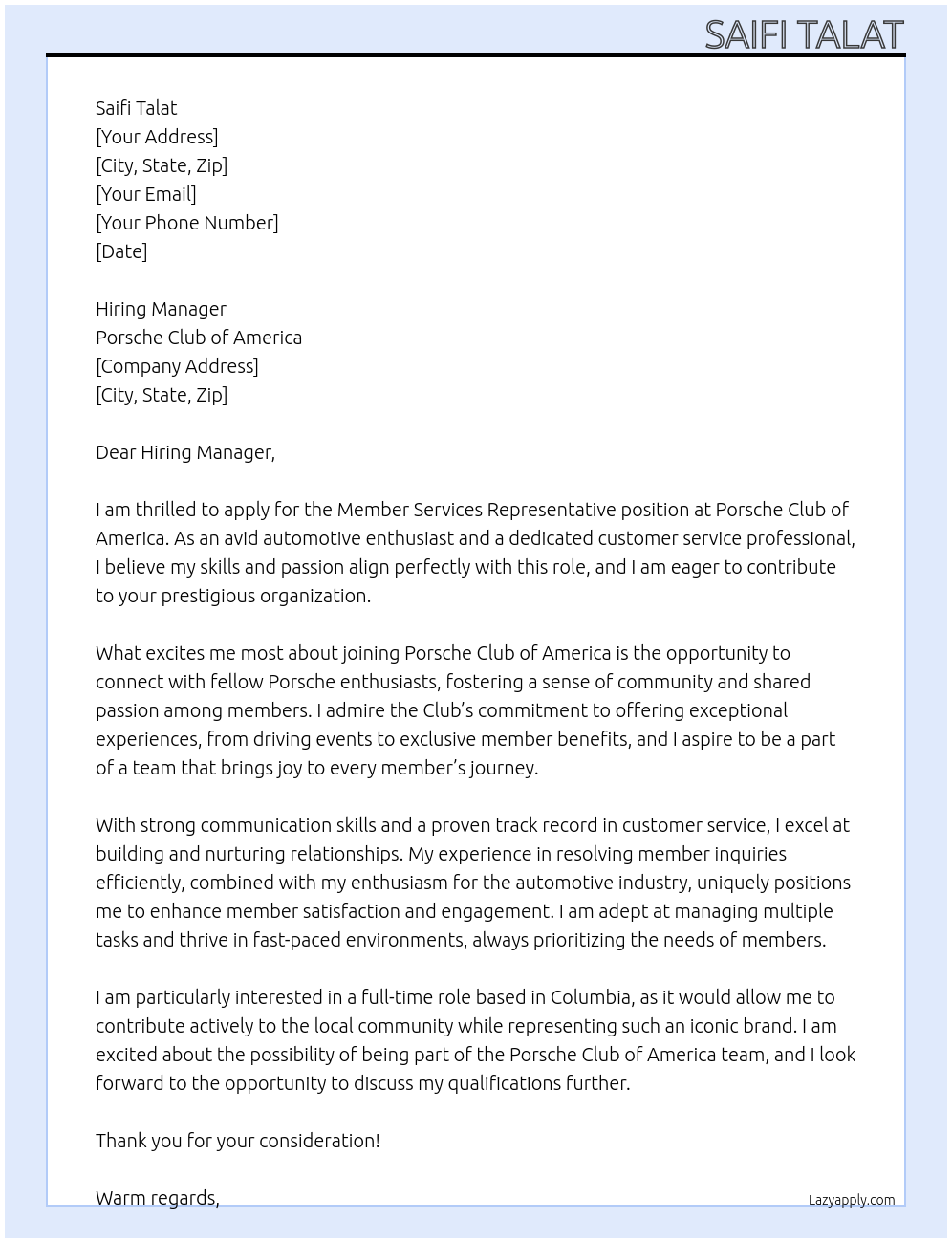 Member Services Representative At Porsche Club of America Cover Letter
