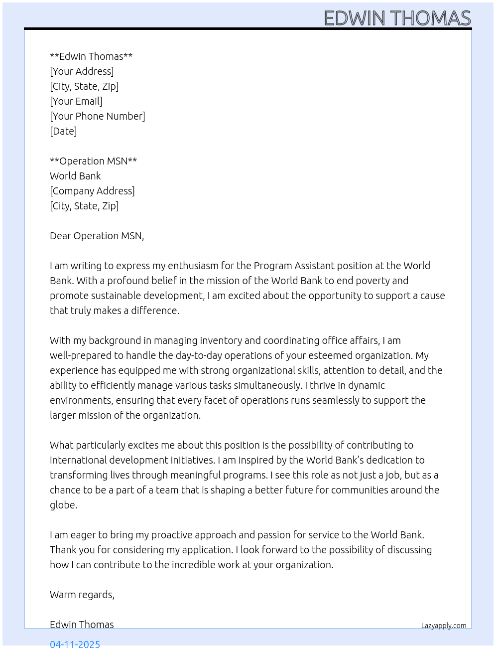 Program assistant  At World bank Cover Letter