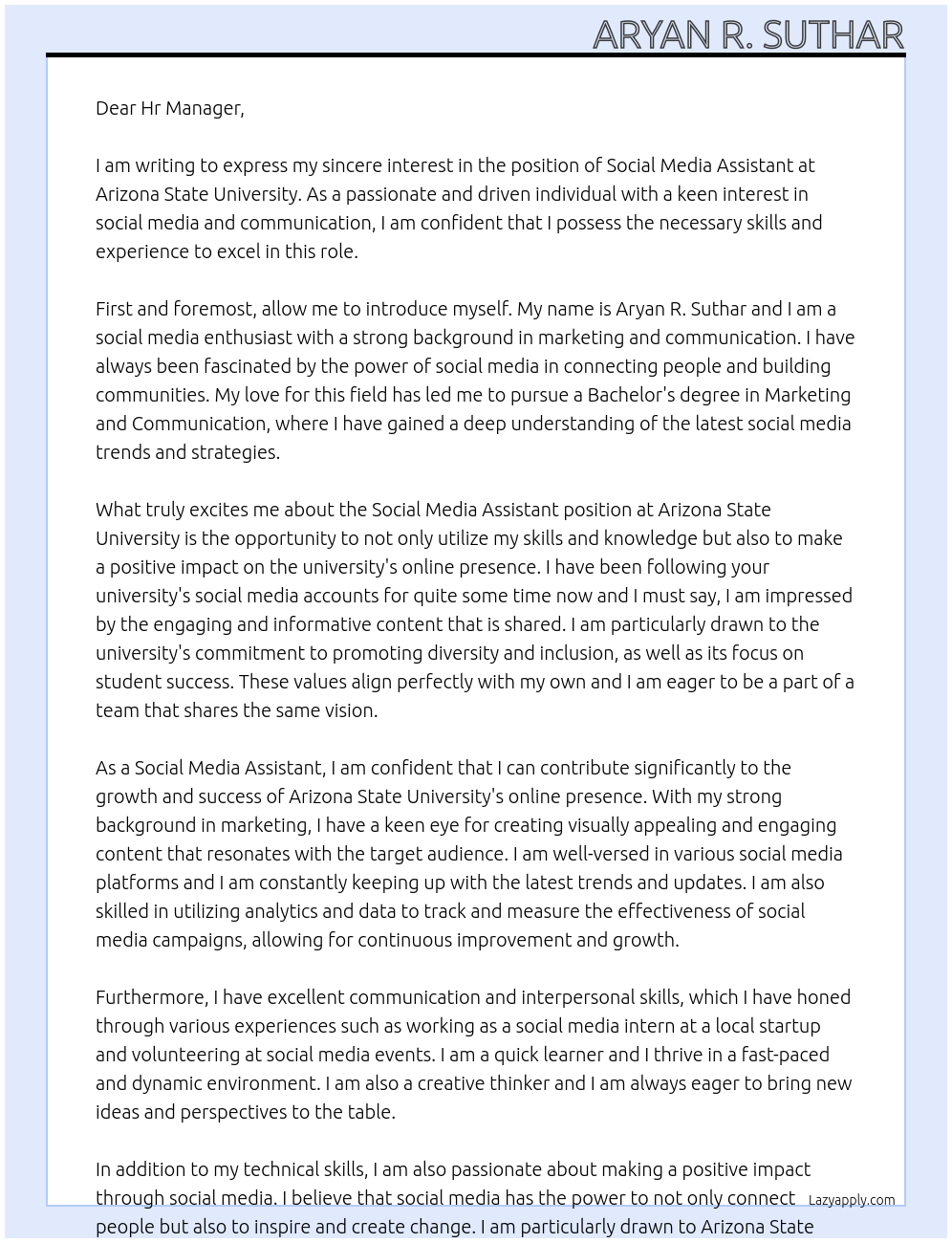 Social Media Assistant At Arizona State University Cover Letter
