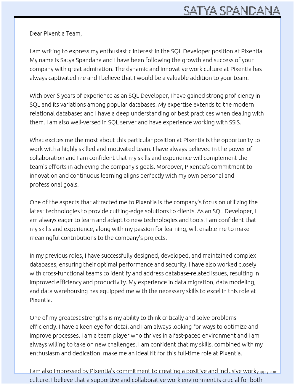 SQL DEVELOPER At pixentia Cover Letter