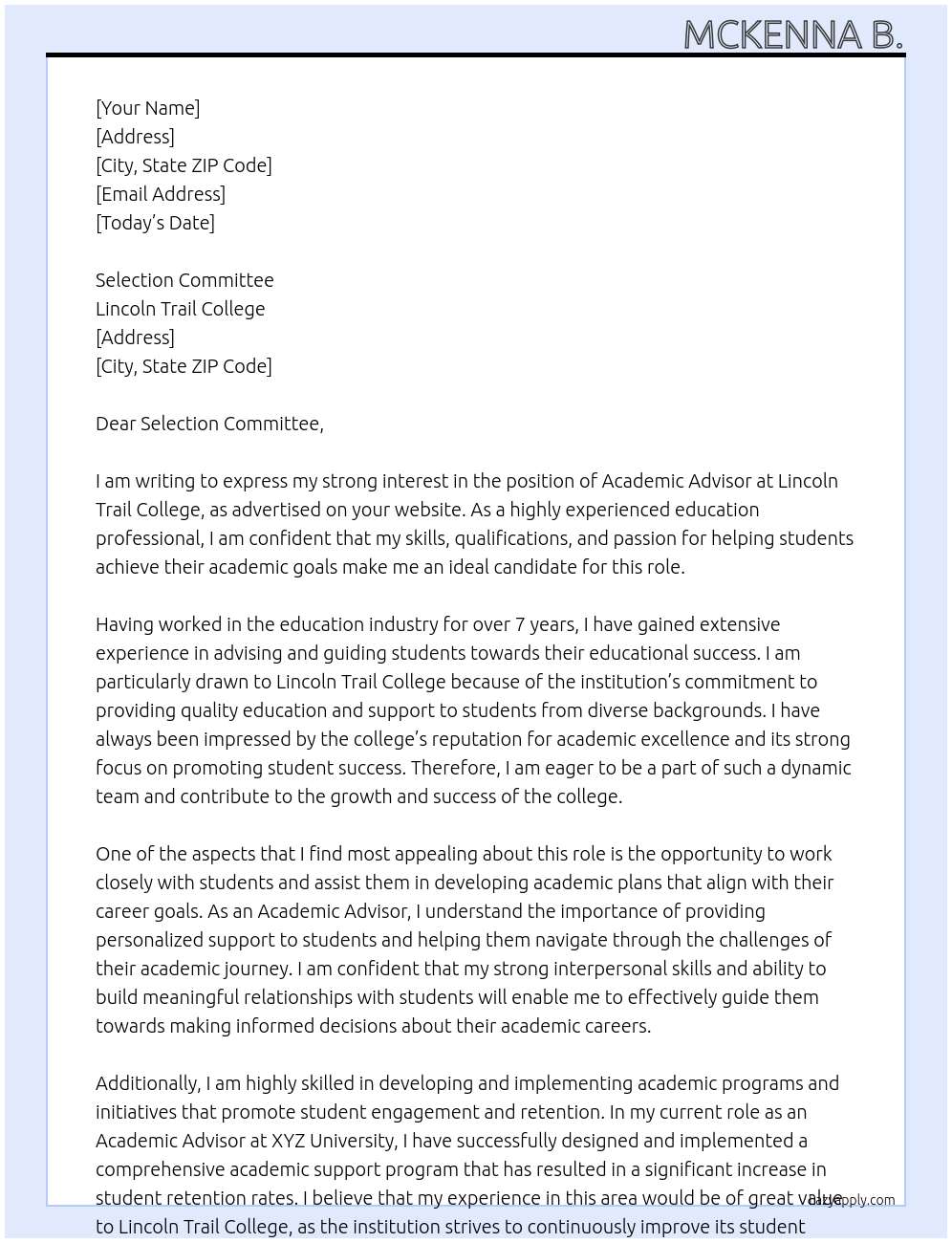 academic advisor At Lincoln Trail College Cover Letter