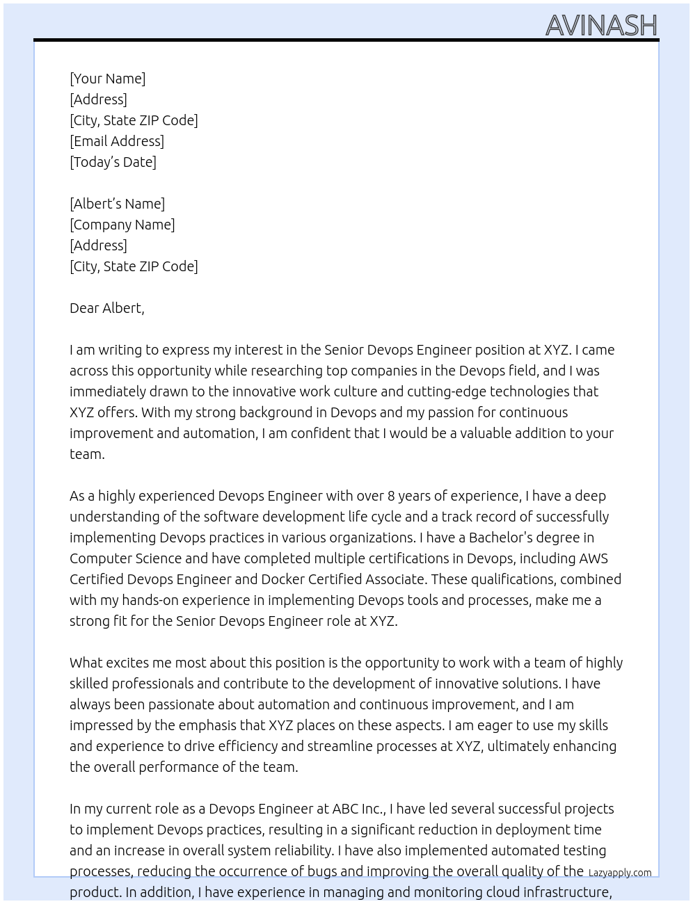 Senior Devops Engineer At xyz Cover Letter