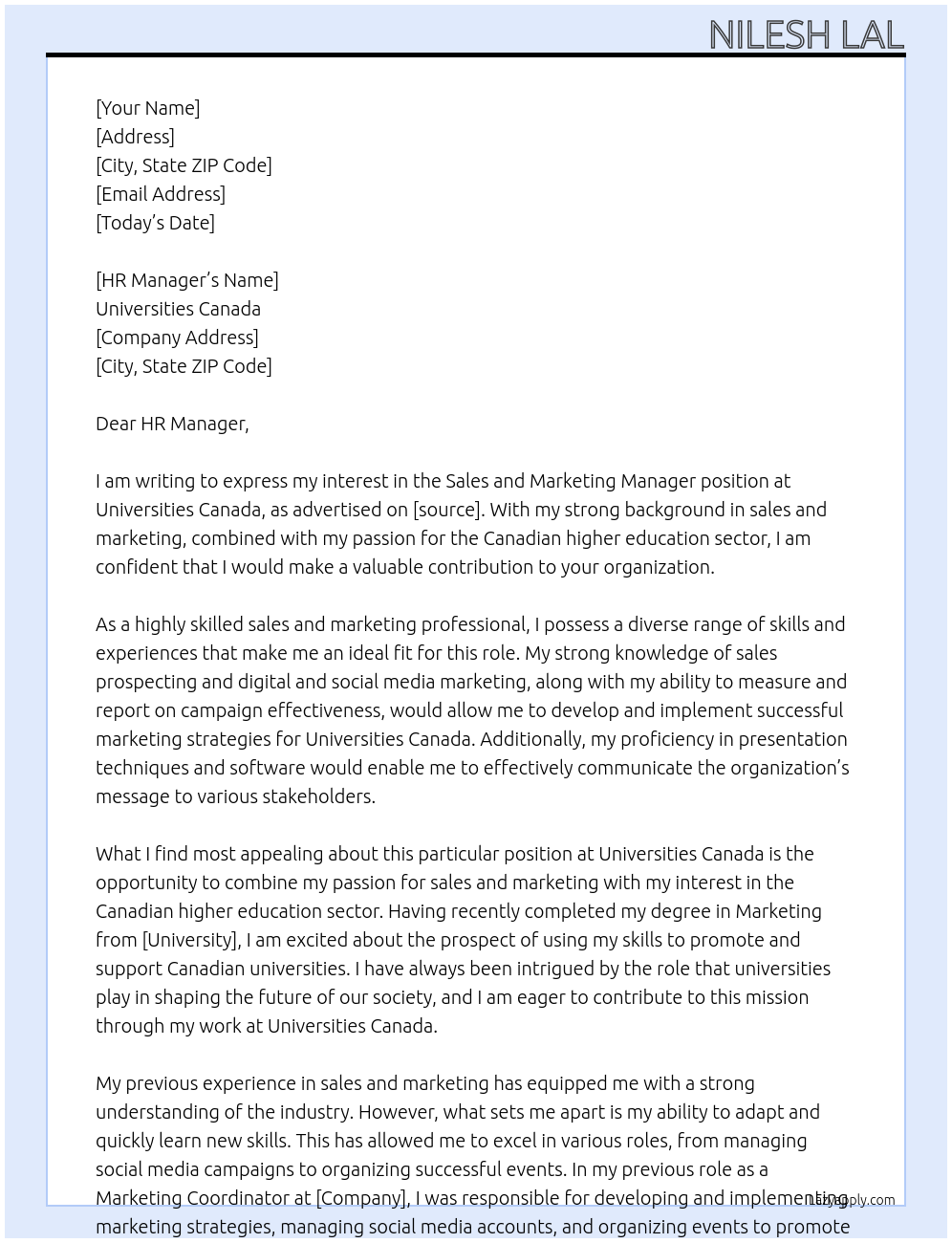 Sales and Marketing Manager At Universities Canada Cover Letter