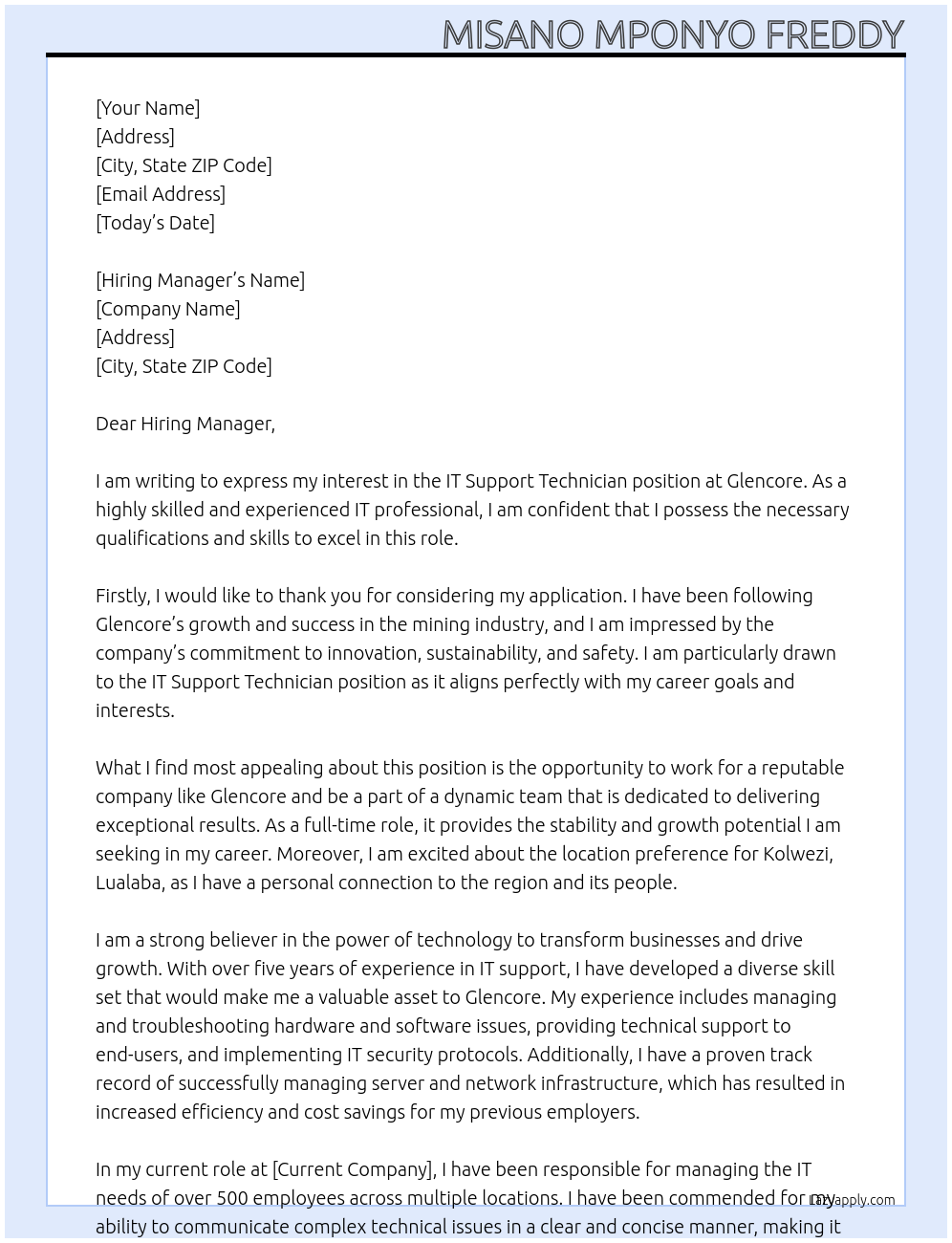 IT Support Technician At GLENCORE Cover Letter