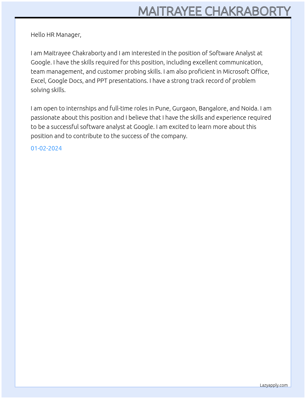Software Analyst At Google Cover Letter