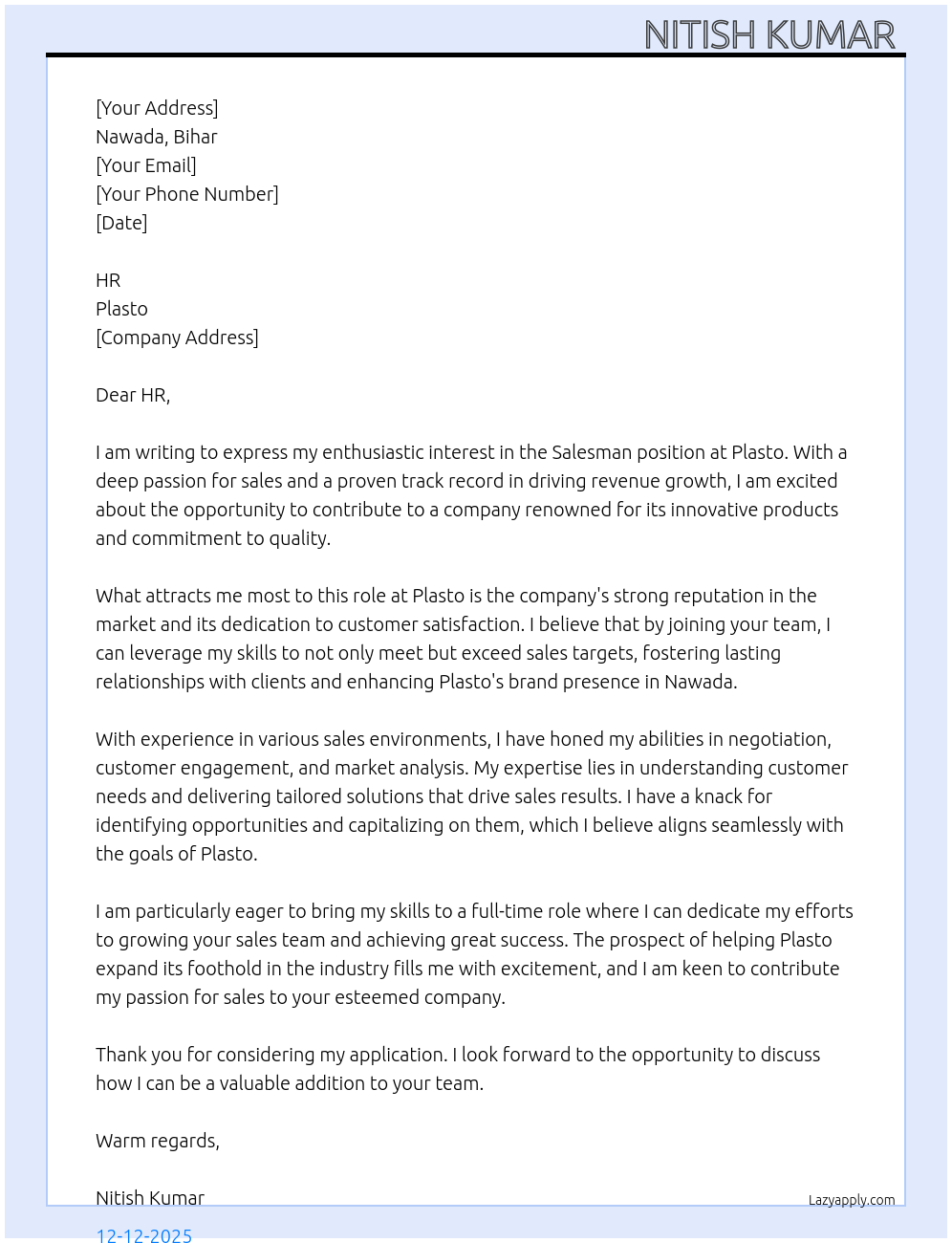 Cover letter for sales man - LazyApply