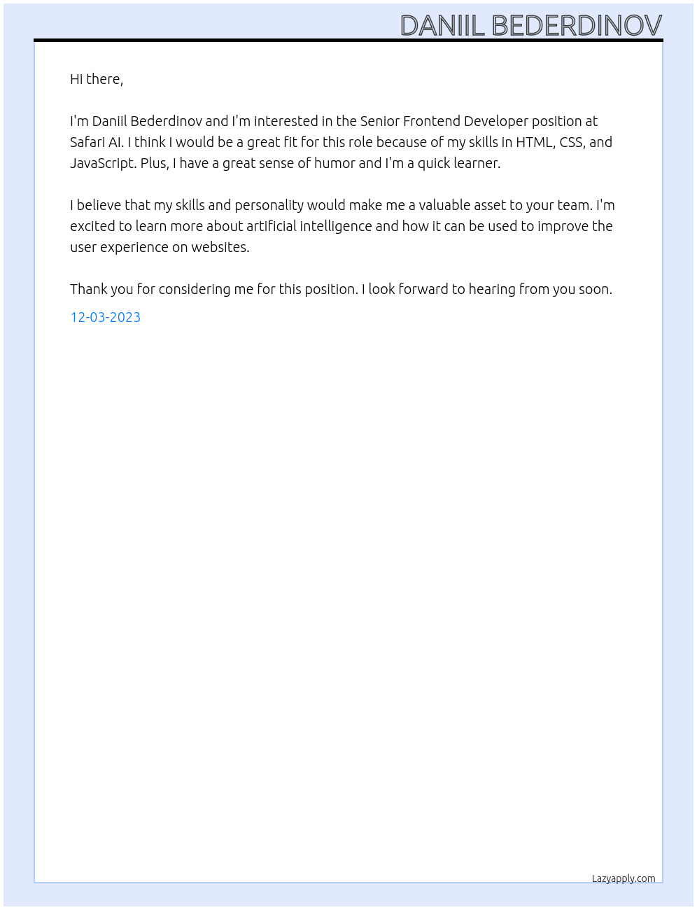Senior Frontend Developer At Safari AI Cover Letter